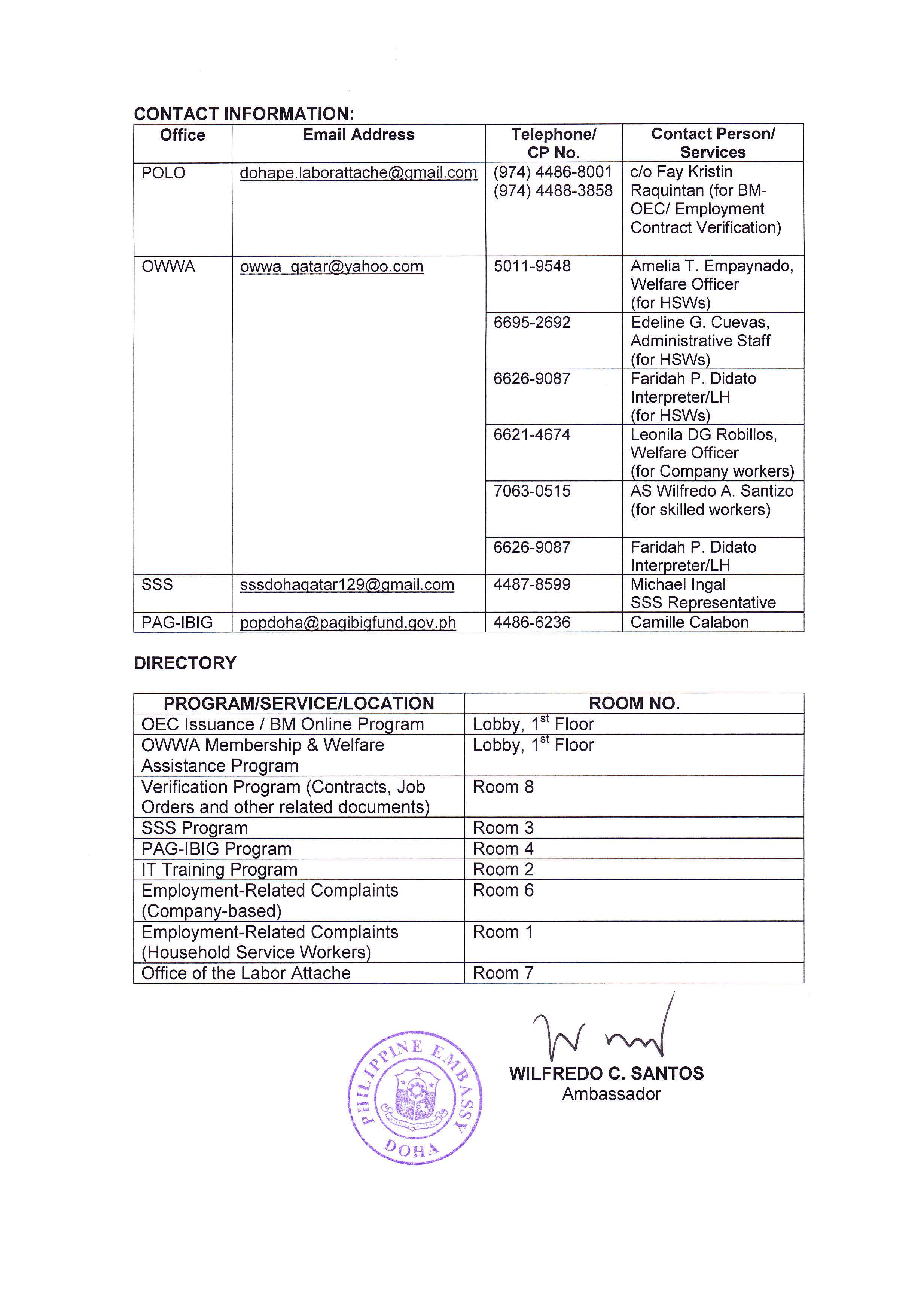 Contact Information of the Philippine Embassy and POLO Page 2