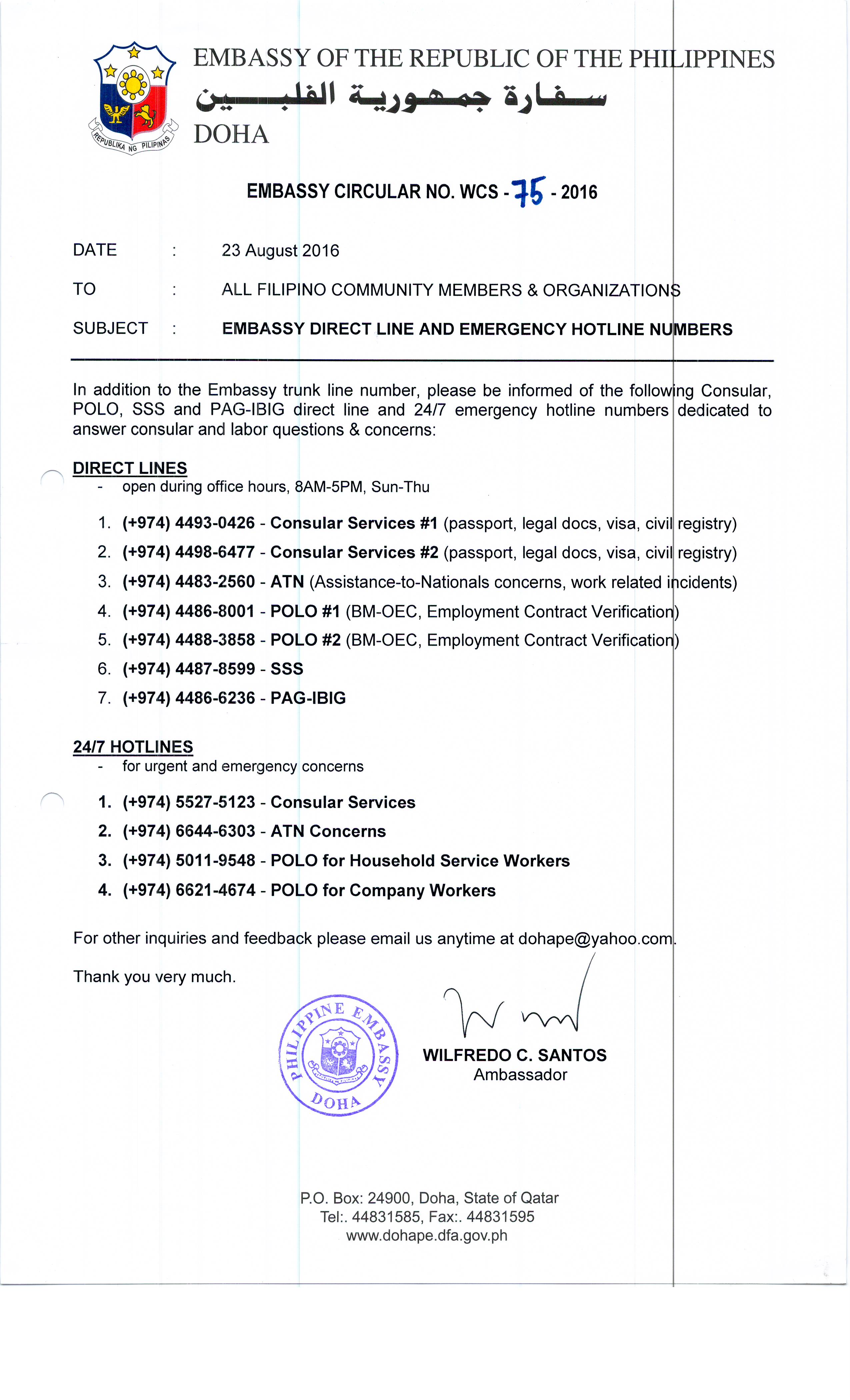 Embassy Circular No. WCS 75 2016