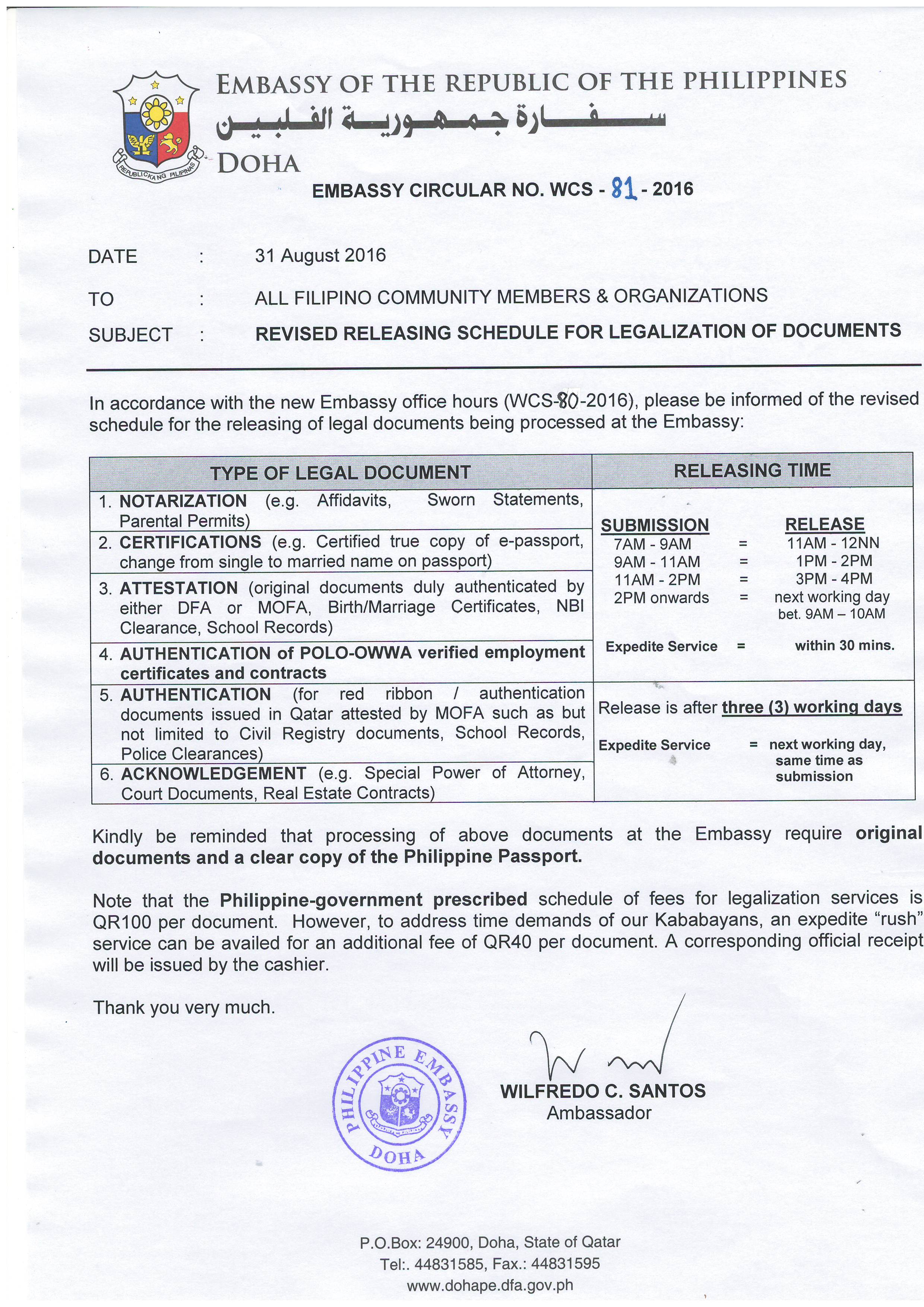 Embassy Circular No. WCS 81 2016