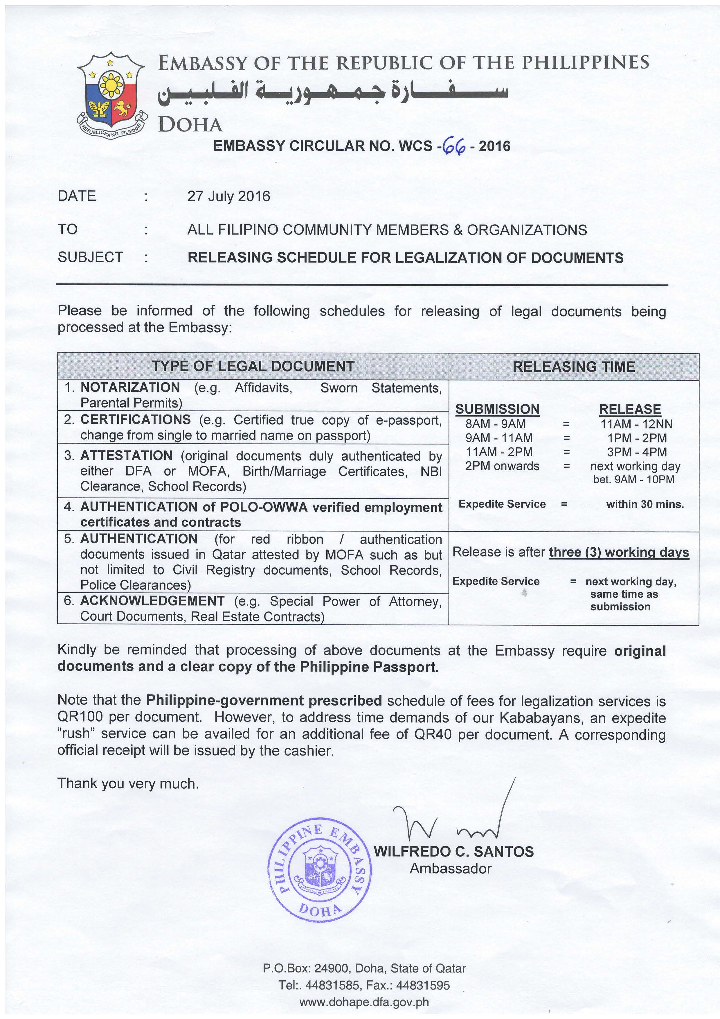 WCS 66 2016 RELEASING SCHEDULE FOR LEGALIZATION OF DOCUMENTS