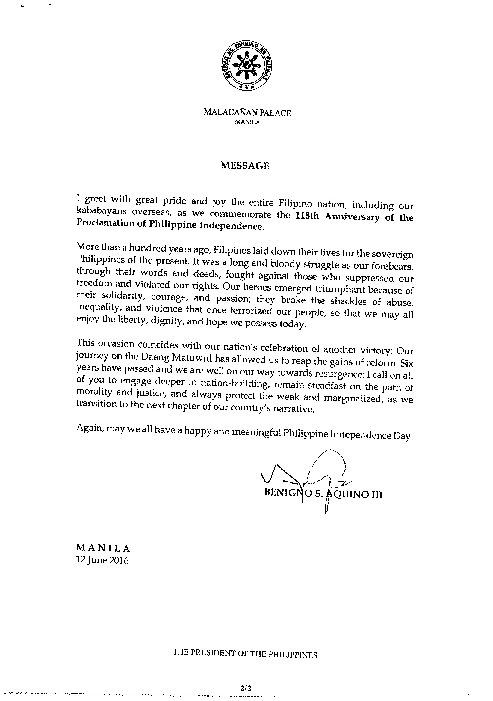 PNoy Independence Day message