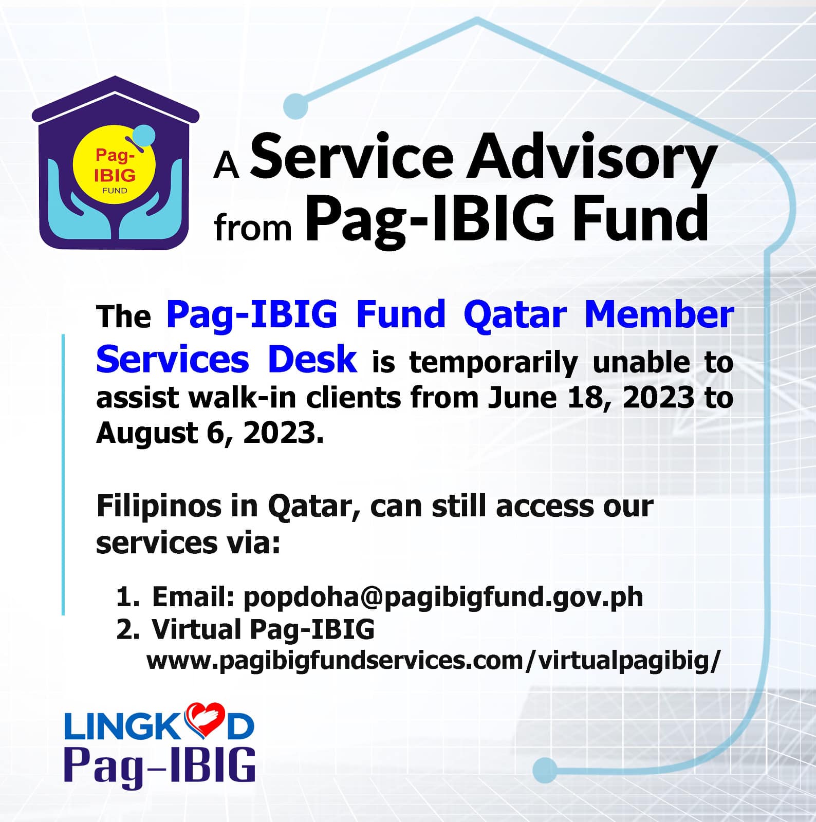 Service Advisory from Pag-IBIG Fund Qatar Member Services Desk.jpeg