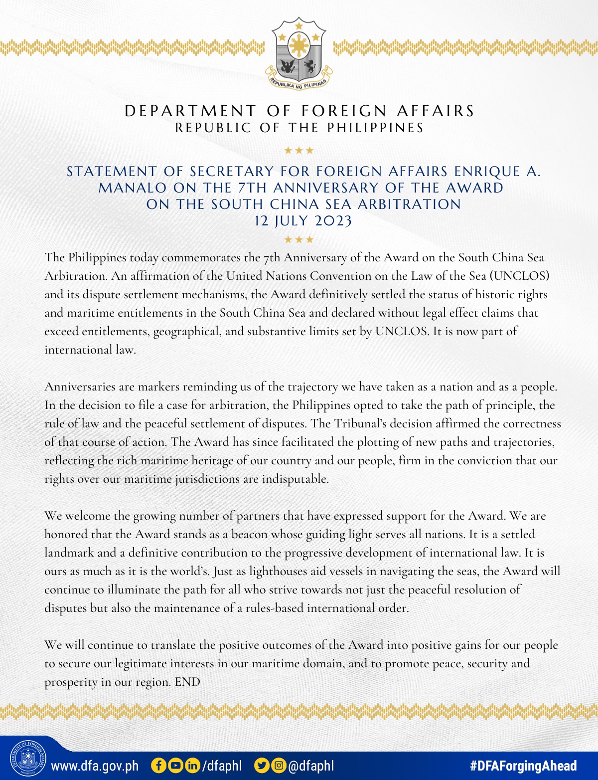 Statement of Secretary for Foreign Affairs Enrique A. Manalo on the 7th Anniversary of the Award on the South China Sea Arbitration.jpeg